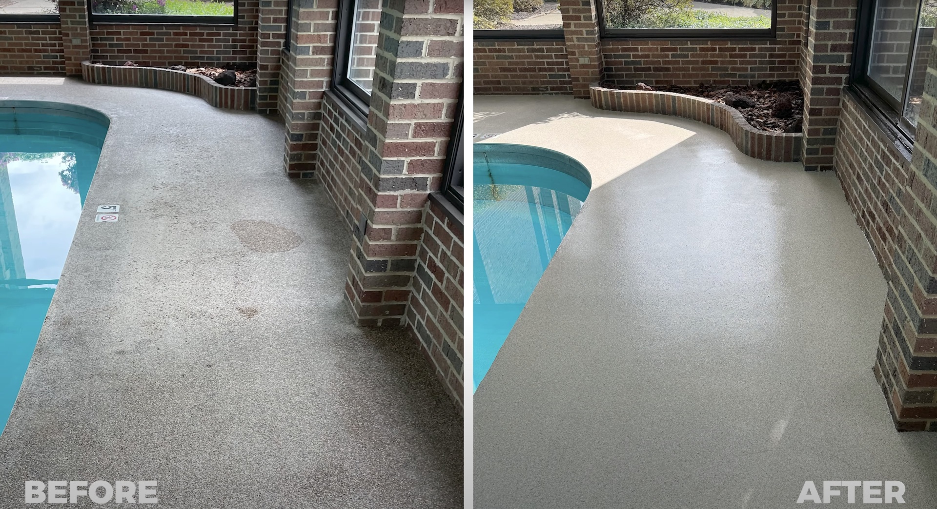 Pool deck concrete resurfacing before and after results Before and after concrete pool deck resurfacing showing transformation from worn to pristine finish